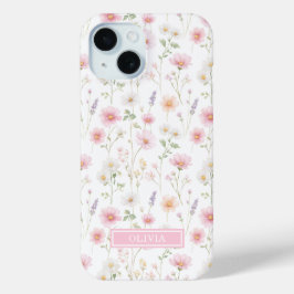 Pink Wildflower Watercolor Monogrammed iPhone 15ケース