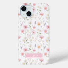 Pink Wildflower Watercolor Monogrammed iPhone 15 Miniケース