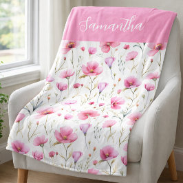 Pink Wildflower Watercolor Name  フリースブランケット