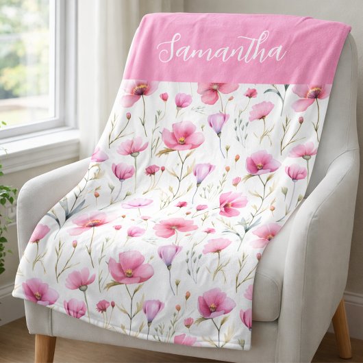 Pink Wildflower Watercolor Name  フリースブランケット