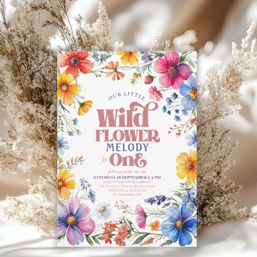 Pink Wildflower Wild One 1st birthday Invitation 招待状
