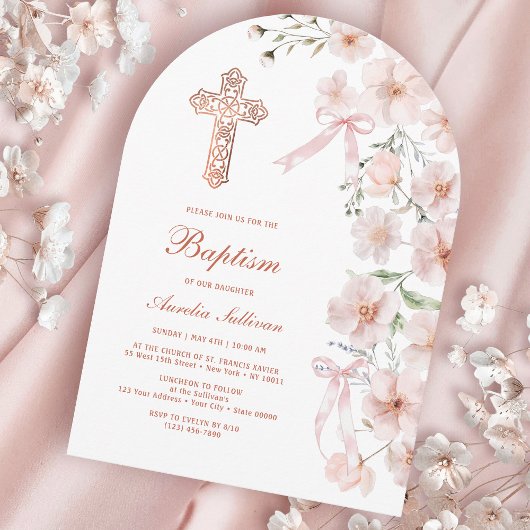Pink Wildflowers and Bows Arch Baptism 招待状