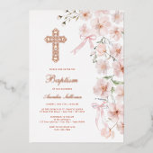 Pink Wildflowers and Bows Arch Baptism 箔招待状 (正面)