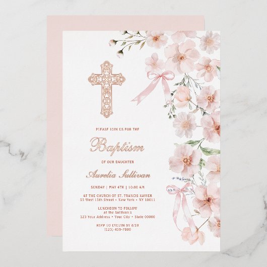 Pink Wildflowers and Bows Arch Baptism 箔招待状 (正面/裏面)