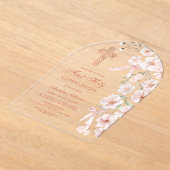 Pink Wildflowers and Bows Arch First Communion アクリル招待状 (レイダウン)