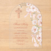 Pink Wildflowers and Bows Arch First Communion アクリル招待状 (正面)