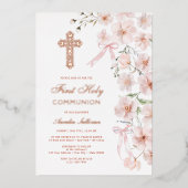 Pink Wildflowers and Bows Arch First Communion 箔招待状 (正面)
