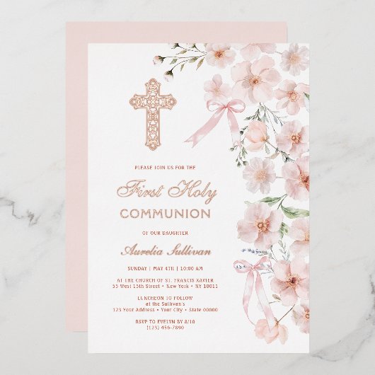 Pink Wildflowers and Bows Arch First Communion 箔招待状 (正面/裏面)