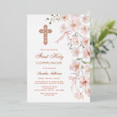 Pink Wildflowers and Bows Arch First Communion 箔招待状 (立ち正面)