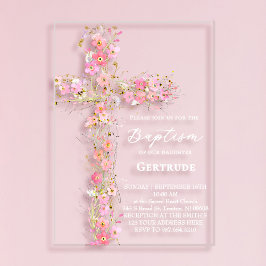pink wildflowers cross Baptism Invitation アクリル招待状