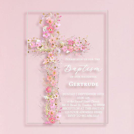 pink wildflowers cross Baptism Invitation アクリル招待状