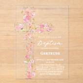 pink wildflowers cross Baptism Invitation アクリル招待状 (正面)