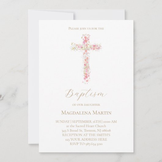 pink wildflowers cross | Baptism Invitation 招待状 (正面)