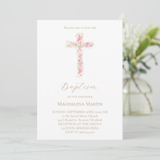 pink wildflowers cross | Baptism Invitation 招待状 (スタンド正面)