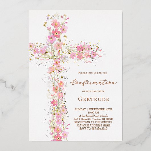 pink wildflowers cross Confirmation 箔招待状 (正面)