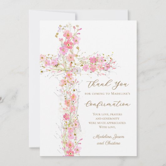 pink wildflowers cross Confirmation thank you card 招待状 (正面)