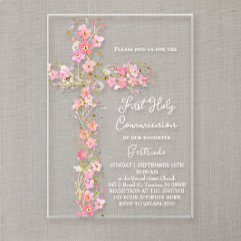 pink wildflowers cross First Holy Communion アクリル招待状