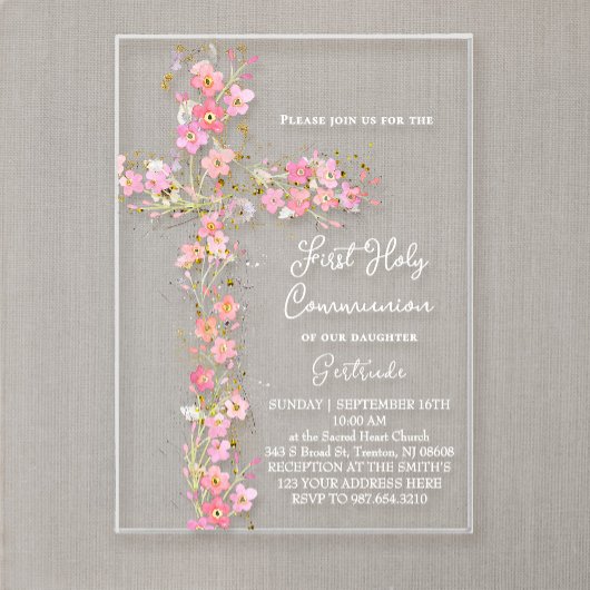 pink wildflowers cross First Holy Communion アクリル招待状