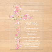 pink wildflowers cross First Holy Communion アクリル招待状 (正面)