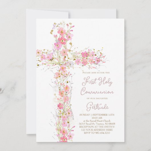 pink wildflowers cross First Holy Communion 招待状 (正面)