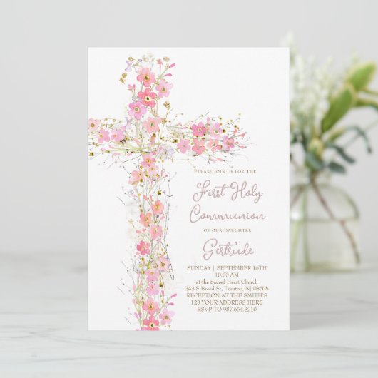 pink wildflowers cross First Holy Communion 招待状 (スタンド正面)