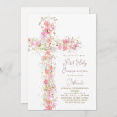 pink wildflowers cross First Holy Communion 招待状 (正面/裏面)