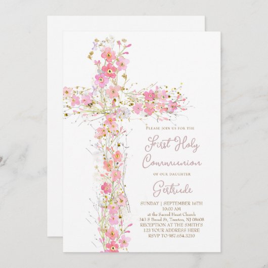 pink wildflowers cross First Holy Communion 招待状 (正面/裏面)