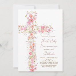 pink wildflowers cross First Holy Communion 招待状