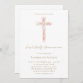 pink wildflowers cross | First Holy Communion 招待状 (正面/裏面)