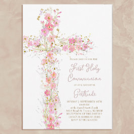 pink wildflowers cross First Holy Communion 招待状