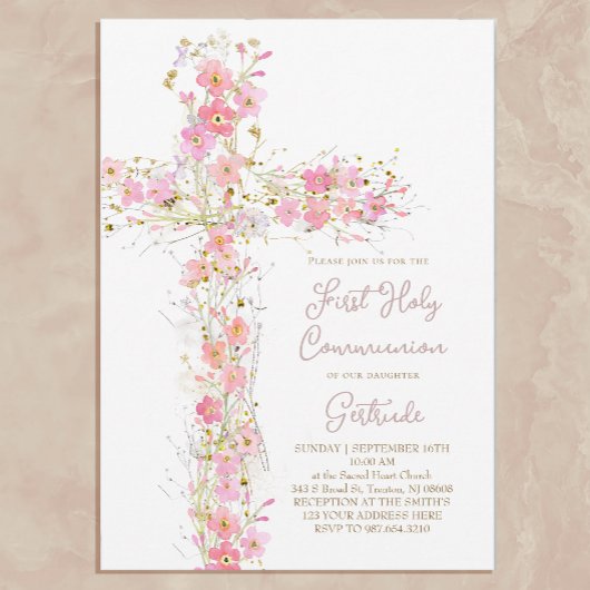 pink wildflowers cross First Holy Communion 招待状