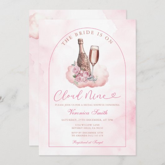 Pink Wine The Bride is Cloud Nine Bridal Shower 招待状 (正面/裏面)