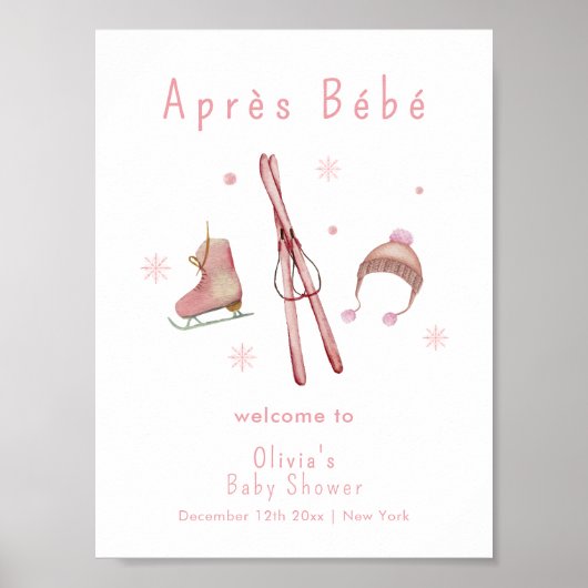 Pink Winter Après Bébé Ski Baby Shower Welcome ポスター (正面)