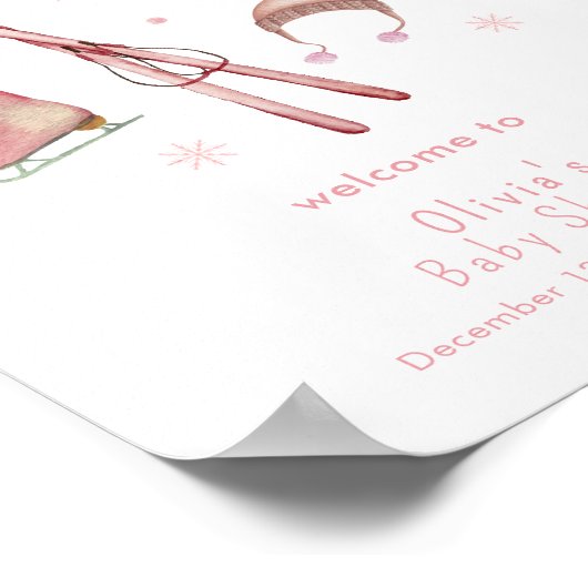 Pink Winter Après Bébé Ski Baby Shower Welcome ポスター (角)