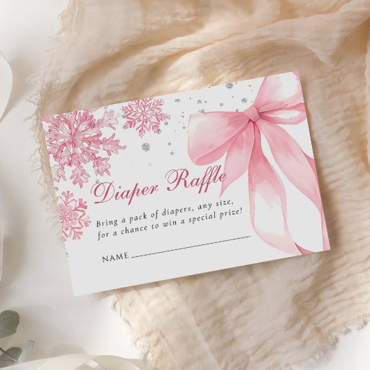 Pink Winter Bow Baby Shower Diaper Raffle エンクロージャーカード