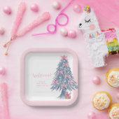 Pink Winter Bow Christmas Tree Baby Shower Welcome ペーパープレート (パーティー)