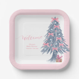 Pink Winter Bow Christmas Tree Baby Shower Welcome ペーパープレート