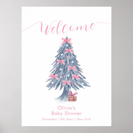 Pink Winter Bow Christmas Tree Baby Shower Welcome ポスター (正面)