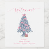Pink Winter Bow Christmas Tree Baby Shower Welcome ワインラベル (シングルラベル)