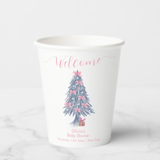 Pink Winter Bow Christmas Tree Baby Shower Welcome 紙コップ (正面)
