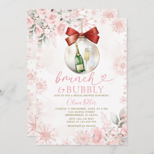 Pink Winter Brunch & Bubbly Bridal Shower  招待状 (正面/裏面)