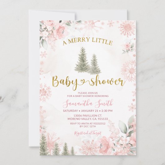 Pink Winter Christmas A Merry Little Baby Shower 招待状 (正面)