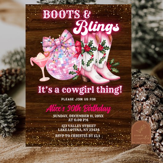 Pink Winter Christmas Boots and Blings Birthday 招待状