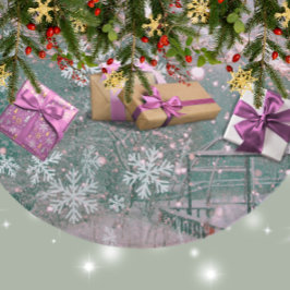 Pink Winter Christmas Country Scene フリース ツリースカート