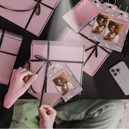 Pink Winter Christmas Family Photo ギフトタグ