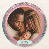 Pink Winter Christmas Family Photo ラウンドペーパーコースター (正面)