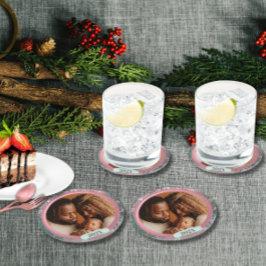 Pink Winter Christmas Family Photo ラウンドペーパーコースター