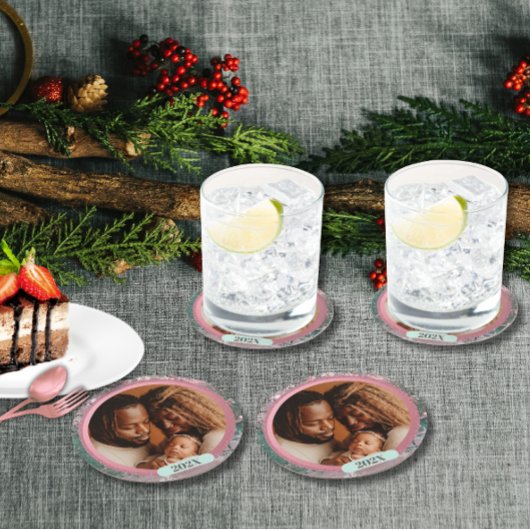 Pink Winter Christmas Family Photo ラウンドペーパーコースター