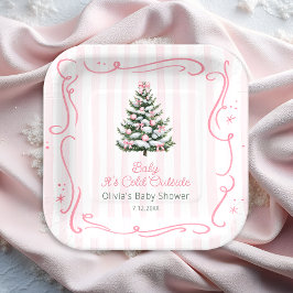 Pink Winter Christmas Tree Baby Shower ペーパープレート