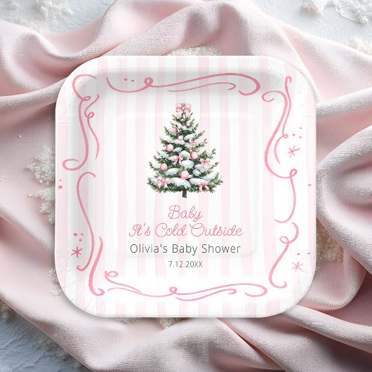 Pink Winter Christmas Tree Baby Shower ペーパープレート